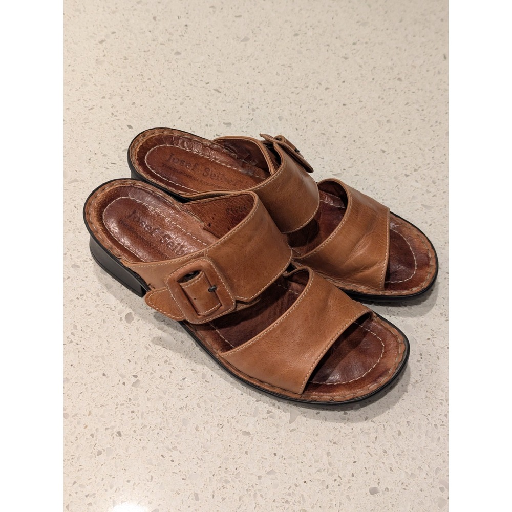 Josef Seibel Womens Two Strap Brown Leather Sandals Slip On Heel Size 38 EU 8 US